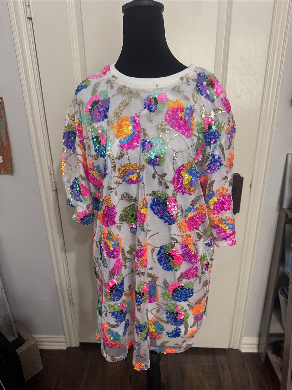 Impressions White Kids Sequin Floral Tunic Dress - Multicolor Sequins
